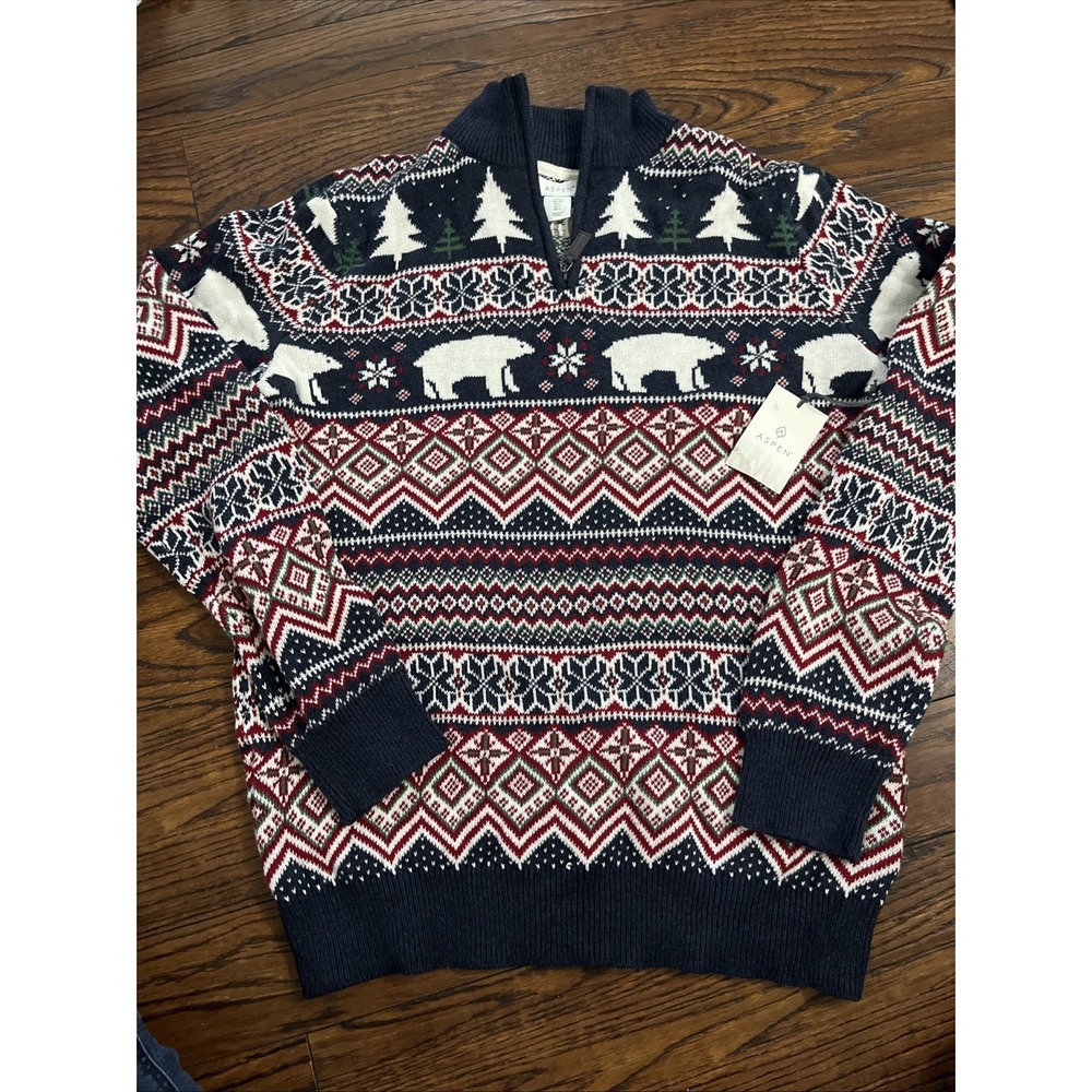 ASPEN Polar Bear Fair Isle 1/4 Zip Knit Christmas Sweater Large Red Blue White
